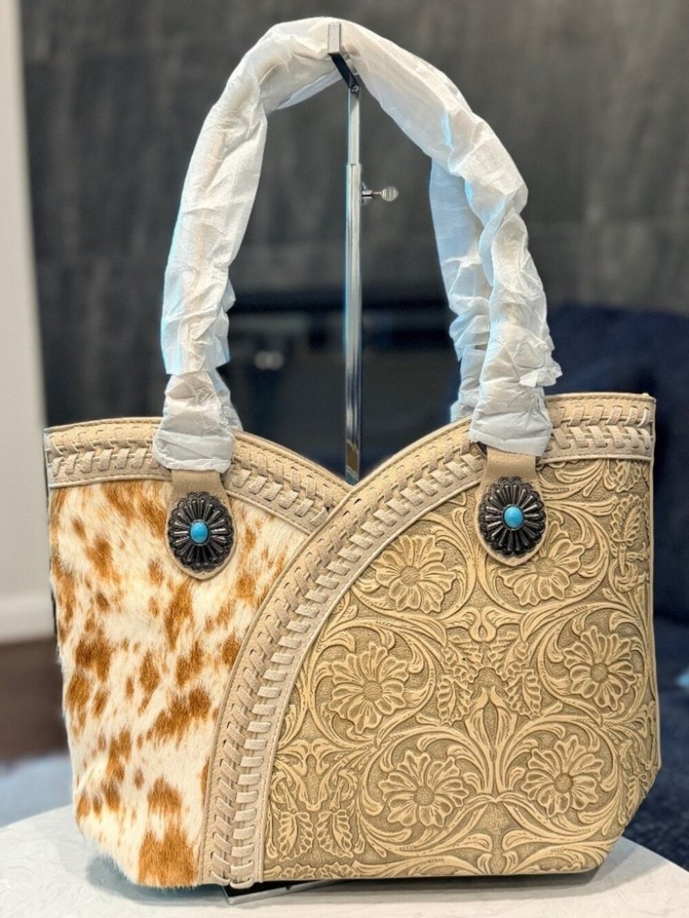 Montana West Tooled & Cowhide Whipstitch Tote Bag Tan